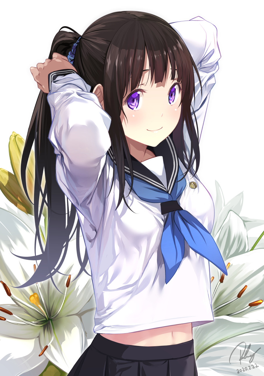 1girl arms_up bangs belly_peek black_sailor_collar black_skirt blue_neckwear blunt_bangs blush breasts chitanda_eru closed_mouth commentary_request cowboy_shot dated floral_background flower hair_ornament hair_scrunchie highres hyouka long_hair long_sleeves navel neckerchief pleated_skirt ponytail purple_eyes re_lucy sailor_collar school_uniform scrunchie serafuku sidelocks signature skirt small_breasts smile solo tareme tying_hair white_background white_flower