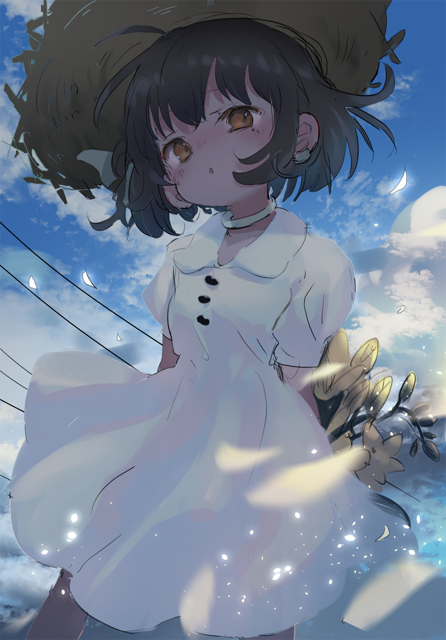 1girl arms_behind_back bangs black_hair blue_sky blush bouquet brown_eyes brown_headwear choker cloud cloudy_sky collared_dress commentary_request day dress ear_piercing eyebrows_visible_through_hair flower hat hatoba_tsugu hatoba_tsugu_(character) highres looking_at_viewer outdoors parted_lips piercing sha2mo short_sleeves sky solo straw_hat virtual_youtuber white_choker white_dress yellow_flower