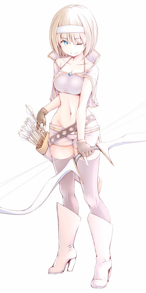 1girl ;) arrow belt black_gloves black_legwear blue_eyes boots bow_(weapon) capelet commentary_request crop_top fingerless_gloves full_body gloves hairband high_heel_boots high_heels holding holding_arrow holding_bow_(weapon) holding_weapon knee_boots looking_at_viewer micro_shorts one_eye_closed original quiver sasaki_akira_(ugc) shirt shorts silver_hair simple_background smile solo standing thighhighs weapon white_background white_belt white_capelet white_footwear white_hairband white_shirt white_shorts