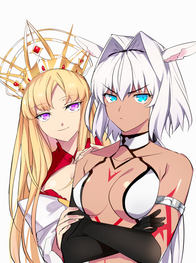 2girls animal_ears aqua_eyes armlet black_gloves blonde_hair body_markings breasts caenis_(fate) can't_be_this_cute cleavage commentary_request crossed_arms dark_skin elbow_gloves europa_(fate/grand_order) fate/grand_order fate_(series) gloves hair_intakes large_breasts long_hair multiple_girls purple_eyes pursed_lips seino_kuru simple_background smile tattoo upper_body white_bikini_top