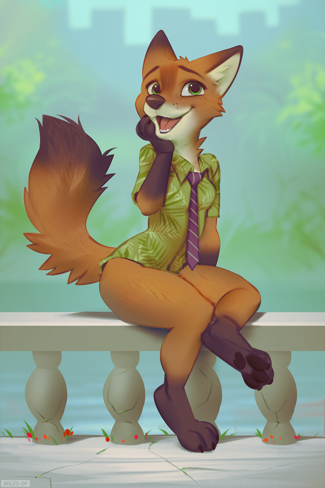 2020 aloha_shirt anthro bottomless canid canine claws clothed clothing crossgender digital_media_(artwork) dipstick_ears dipstick_tail disney female fox fur gloves_(marking) green_eyes leg_markings looking_at_viewer mammal markings miles_df mtf_crossgender multicolored_ears multicolored_tail necktie nick_wilde open_mouth pawpads red_body red_fur shirt sitting socks_(marking) solo toe_claws topwear zootopia