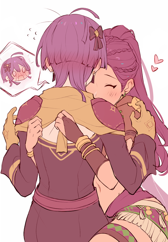 2girls bernadetta_von_varley blush bracelet closed_eyes dark_skin earrings fire_emblem fire_emblem:_three_houses from_behind gloves hair_ornament hug jewelry kvlen long_hair long_sleeves multiple_girls navel open_mouth petra_macneary ponytail purple_hair simple_background white_background yellow_gloves yuri