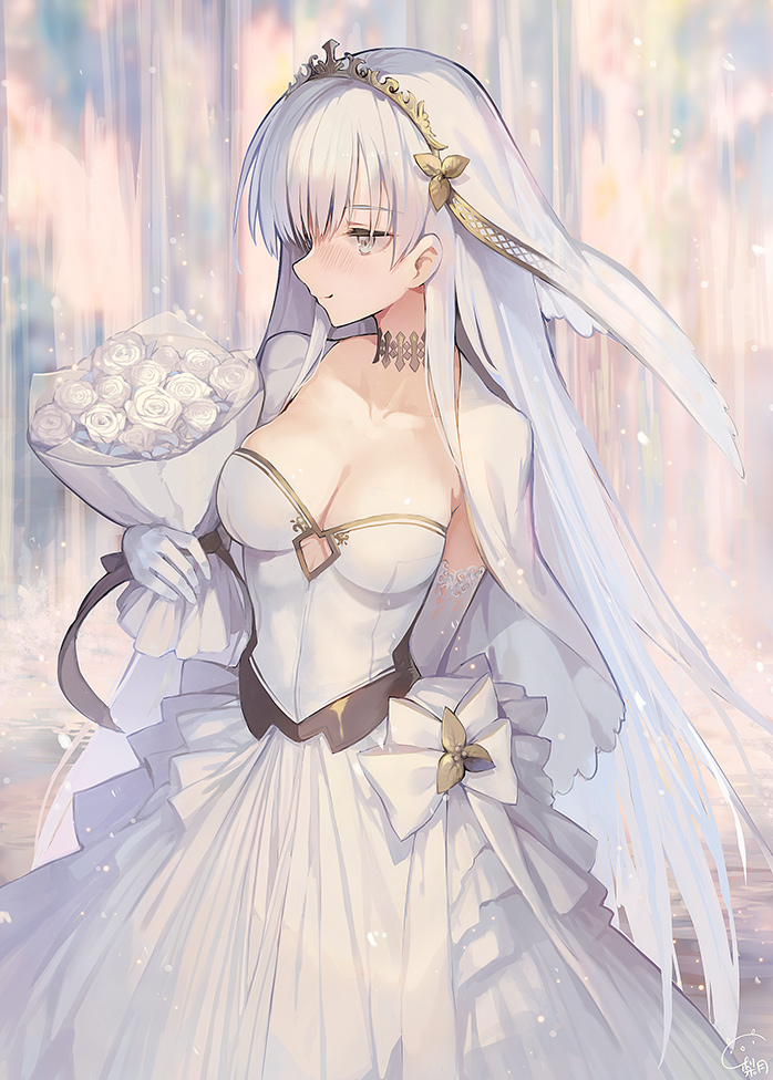 1girl anastasia_(fate/grand_order) arm_behind_back bangs blush bouquet bow breasts bridal_veil cape choker cleavage closed_mouth collarbone commentary_request dress elbow_gloves eyebrows_visible_through_hair fate/grand_order fate_(series) flower gloves green_eyes holding holding_bouquet medium_breasts ritsuki rose signature silver_hair smile solo straight_hair strapless strapless_dress veil water wedding_dress white_bow white_cape white_flower white_gloves white_rose white_theme