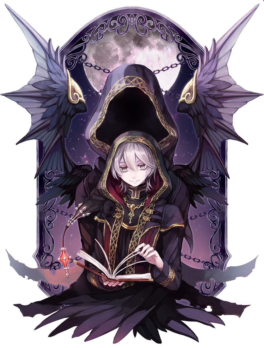 1boy 1other book chain closed_mouth feather_trim feathered_wings feathers fingernails gold_trim green_eyes grey_hair hair_between_eyes hood jewelry moon necklace open_book original sk_(ryolove) smile star_(sky) torn_clothes turtleneck upper_body wings