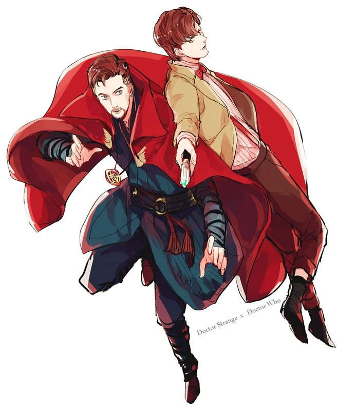 2boys bow bowtie brown_hair cape crossover doctor_strange doctor_strange_(series) doctor_who eleventh_doctor jacket loafers marvel multiple_boys pants red_cape rena_(renasight) shirt shoes short_hair the_doctor white_background