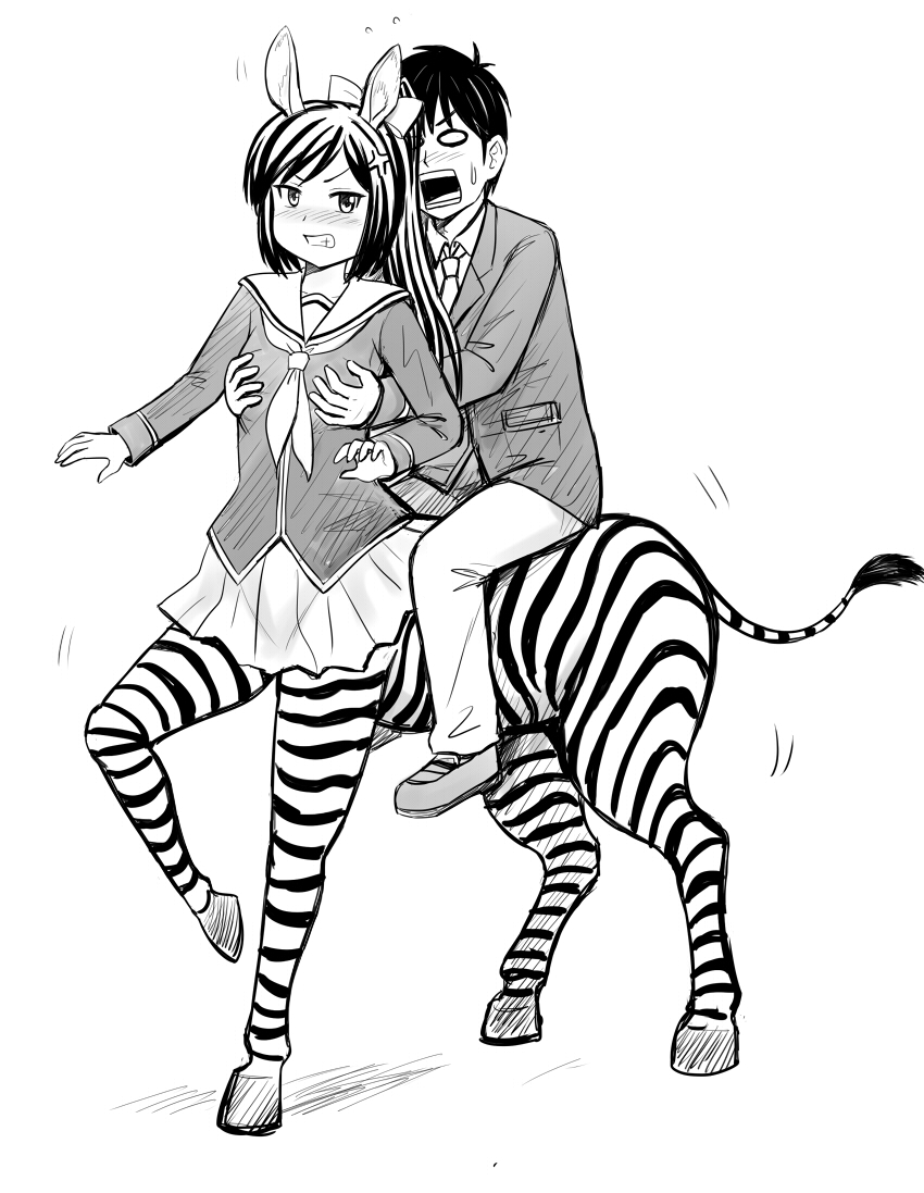 1boy 1girl alternate_form anger_vein angry animal_ears arms_up bangs bared_teeth black_hair black_stripes blazer blush bow boy_on_top breast_grab breasts centaur commentary embarrassed full_body furrowed_eyebrows grabbing grabbing_from_behind grimace groping hair_bow hand_on_another's_chest hoof jacket leg_up long_hair mashima_chloe mazama_jin motion_slit multicolored_hair murenase!_shiiton_gakuen neckerchief necktie o_o open_mouth pleated_skirt ponytail riding school_uniform shadow shoes skirt small_breasts striped surprised sweatdrop two-tone_hair white_stripes y.ssanoha zebra zebra_ears zebra_girl zebra_tail