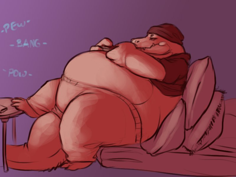 4:3 alligator alligatorid anthro beanie belly clothed clothing controller crocodilian furgonomics gaming hat headgear headwear holding_controller holding_object male midriff obese obese_male overweight overweight_male pillow playing_videogame reclining reptile scalie solo sound_effects sugarboy tail_button_bottoms tail_clothing thick_thighs