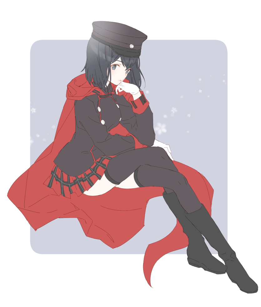 1girl akitsu_maru_(kantai_collection) black_eyes black_footwear black_hair black_headwear black_legwear boots cape commentary_request gloves hair_between_eyes hat kantai_collection long_sleeves military military_uniform peaked_cap pleated_skirt red_cape red_skirt shiosoda short_hair skirt solo thighhighs uniform white_gloves