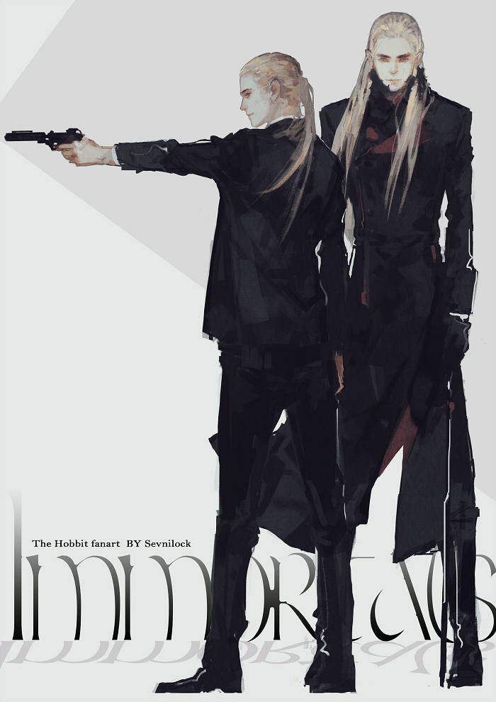 2boys back black_coat black_jacket black_pants blonde_hair closed_mouth elf full_body gun handgun holding holding_gun holding_weapon jacket legolas long_hair long_sleeves looking_at_viewer looking_to_the_side lord_of_the_rings male_focus mian_lang multiple_boys pants pointy_ears ponytail smile standing thranduil weapon