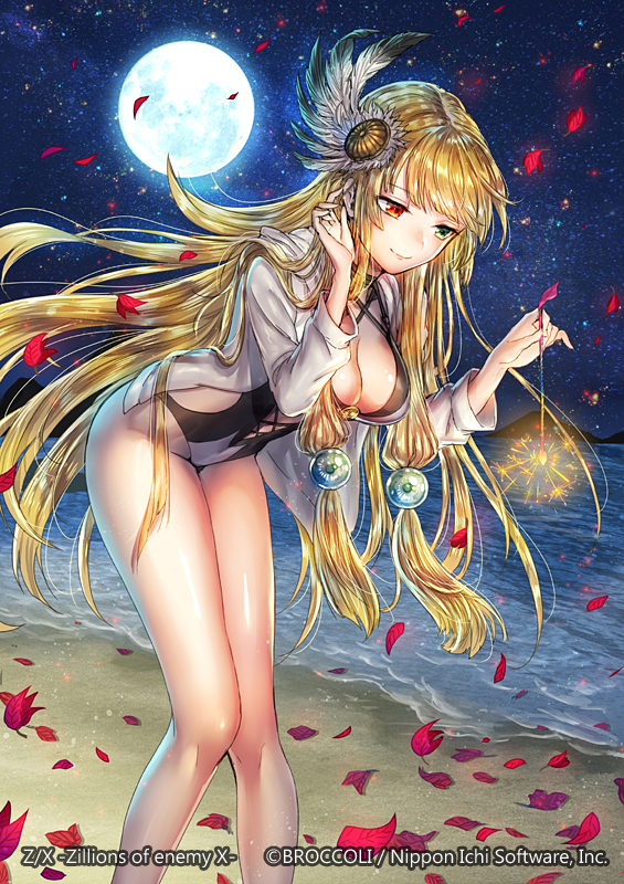1girl adjusting_hair beach black_swimsuit blonde_hair breasts casual_one-piece_swimsuit cleavage day fireworks floating_hair full_moon green_eyes heterochromia hood hood_down hooded_jacket jacket leaning_forward long_hair medium_breasts moon night night_sky ocean one-piece_swimsuit open_clothes open_jacket outdoors poshii_(posy) red_eyes shiny shiny_hair shiny_skin sky solo star_(sky) starry_sky swimsuit very_long_hair white_jacket z/x