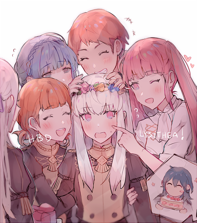 6+girls annette_fantine_dominic arm_hug blue_hair blush_stickers box braid brown_eyes byleth_(fire_emblem) byleth_(fire_emblem)_(female) cake closed_eyes crown_braid edelgard_von_hresvelg fire_emblem fire_emblem:_three_houses food garreg_mach_monastery_uniform gift gift_box grin hair_ribbon head_wreath hilda_valentine_goneril holding kvlen leonie_pinelli long_hair long_sleeves lysithea_von_ordelia marianne_von_edmund multiple_girls one_eye_closed open_mouth orange_hair pink_eyes pink_hair ribbon short_hair simple_background smile twintails uniform white_background white_hair