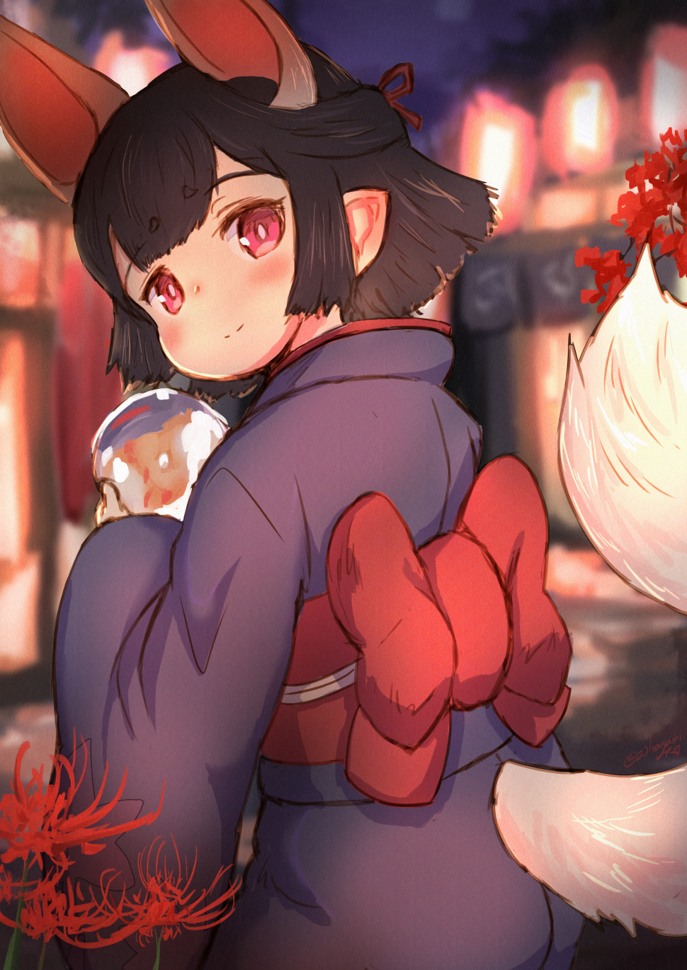 4_ears accessory animal_humanoid asian_clothing black_hair blurred_background blush building butt canid canid_humanoid canine canine_humanoid clothed clothing daiha detailed_background east_asian_clothing female flower fluffy fluffy_tail fox_humanoid fully_clothed hair hair_accessory hair_bow hair_ribbon hasaha hi_res holding_object humanoid humanoid_pointy_ears japanese japanese_clothing kimono light_skin looking_at_viewer looking_back mammal mammal_humanoid multi_ear night obi outside plant pointy_and_animal_ears rear_view red_eyes ribbons sky smile solo standing summon_night summon_night_2 young