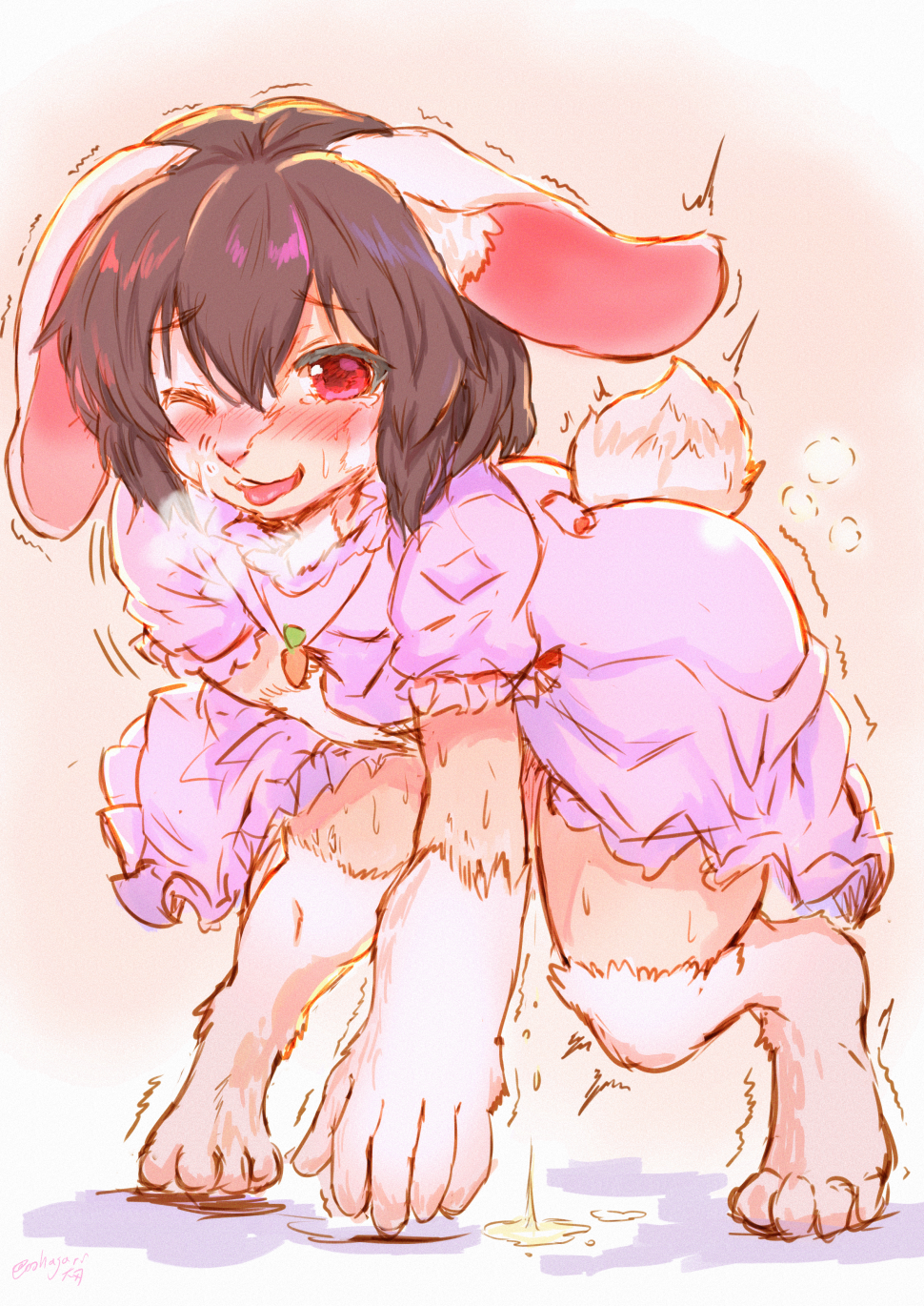 4_toes 5_fingers animal_humanoid bent_over black_hair blush bodily_fluids clothed clothing daiha digitigrade dress female fingers floppy_ears fluffy fur genital_fluids hair hi_res humanoid humanoid_to_anthro inner_ear_fluff jewelry kemono lagomorph lagomorph_humanoid leporid leporid_humanoid light_skin looking_at_viewer mammal mammal_humanoid necklace one_eye_closed open_mouth pink_clothing pink_dress rabbit rabbit_humanoid red_eyes simple_background solo sweat tewi_inaba toes tongue tongue_out touhou transformation tuft urine video_games white_background white_body white_fur