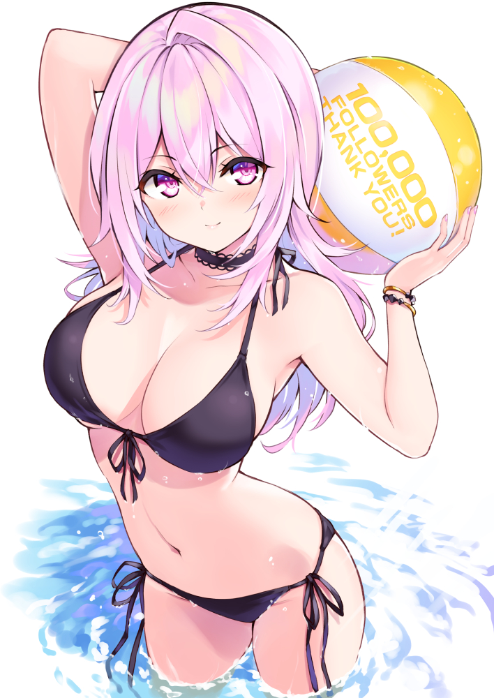 1girl arm_up armpits ball bare_shoulders beachball bikini black_bikini bracelet breasts choker cleavage collarbone commentary_request cu-no followers front-tie_bikini front-tie_top halter_top halterneck hand_up hisenkaede hits holding holding_ball jewelry large_breasts long_hair looking_at_viewer navel pink_hair purple_eyes side-tie_bikini smile solo stomach swimsuit thighs wading water wet yayoi_sakura