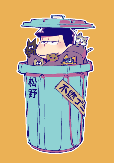 1boy 5plus5 :3 animal_on_shoulder black_cat cat cat_on_shoulder chocolate_chip_cookie cookie esper_nyanko food food_in_mouth half-closed_eyes hood hood_down hoodie in_container jitome looking_away male_focus matsuno_ichimatsu mouth_hold on_head on_shoulder orange_background osomatsu-kun osomatsu-san outline purple_eyes purple_hoodie simple_background smile trash_can white_outline