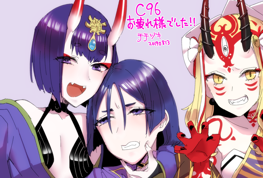 3girls bangs bare_shoulders blonde_hair blush bob_cut bodysuit breasts chichizuki_(manman-ya) claw_pose collarbone eyeliner facial_mark fangs fate/grand_order fate_(series) fingernails forehead forehead_mark grin hair_pulled_back headpiece horns ibaraki_douji_(fate/grand_order) japanese_clothes kimono long_hair long_sleeves looking_at_viewer makeup minamoto_no_raikou_(fate/grand_order) multiple_girls oni oni_horns open_mouth parted_bangs pointy_ears purple_bodysuit purple_eyes purple_hair purple_kimono revealing_clothes ribbed_sleeves sharp_fingernails short_eyebrows short_hair shuten_douji_(fate/grand_order) simple_background skin-covered_horns small_breasts smile tattoo very_long_hair yellow_eyes yellow_kimono