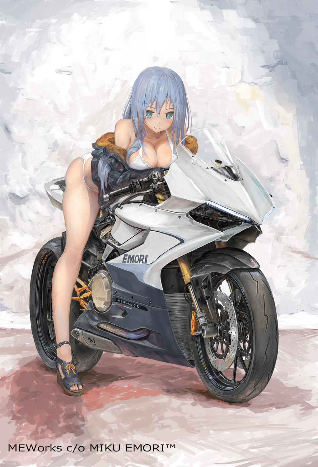 1girl bare_legs bare_shoulders bent_over bikini black_jacket blue_eyes blue_hair breasts cleavage commentary_request ducati emori_miku emori_miku_project full_body ground_vehicle hair_ornament highres jacket large_breasts long_hair long_legs long_sleeves looking_at_viewer motor_vehicle motorcycle nihoshi_(bipedal_s) off_shoulder sandals smile solo straddling string_bikini swimsuit thighs watermark white_bikini