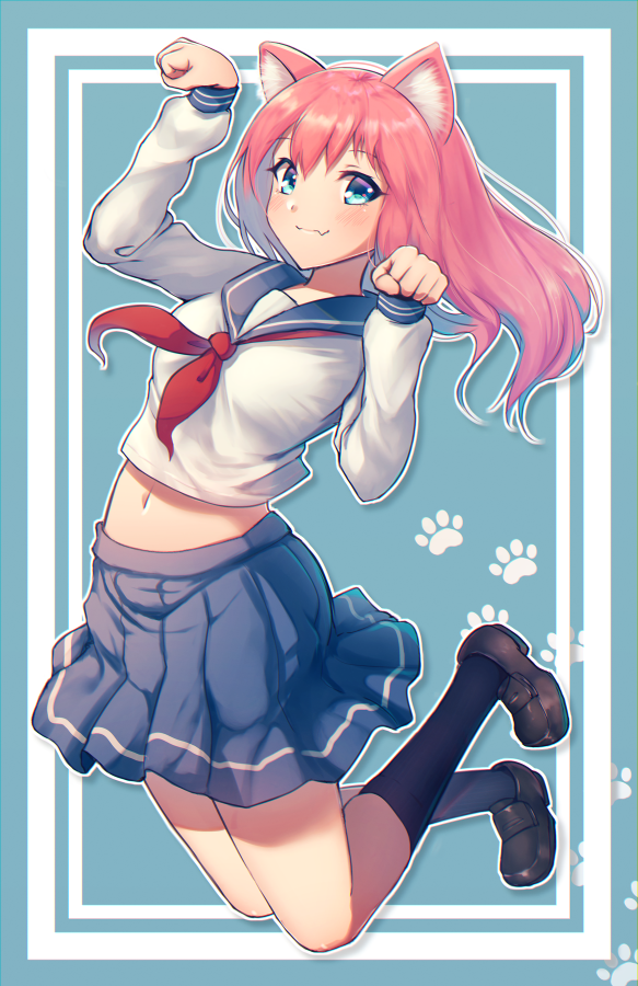 1girl animal_ears black_legwear blue_skirt breasts cat_ears commentary_request crop_top fal fang hands_up kneehighs legs_up loafers long_hair long_sleeves looking_at_viewer midriff miniskirt navel neckerchief original paw_pose pink_hair pleated_skirt sailor_collar school_uniform serafuku shirt shoes skirt smile solo white_shirt