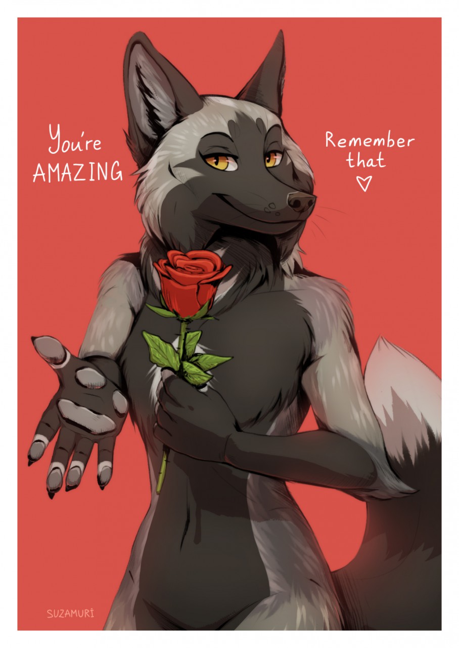 2020 5_fingers anthro border canid canine digital_media_(artwork) english_text eyebrows eyelashes female fingers fox fur grey_body grey_fur hi_res kind mammal rose_(disambiguation) smile solo standing suzamuri text white_border yellow_eyes