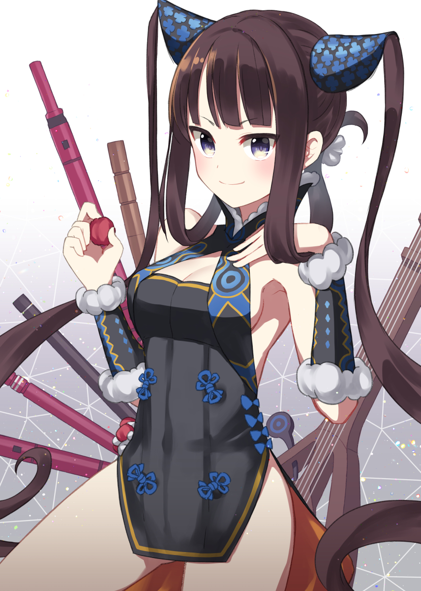 1girl bangs bare_shoulders black_dress blue_eyes blunt_bangs blush breasts china_dress chinese_clothes cleavage closed_mouth coconat_summer detached_sleeves dress fate/grand_order fate_(series) flute gradient gradient_background grey_background hair_ornament hand_on_own_chest hand_up highres instrument large_breasts long_hair looking_at_viewer lychee pipa_(instrument) purple_hair side_slit sidelocks smile solo thighs twintails very_long_hair yang_guifei_(fate/grand_order)