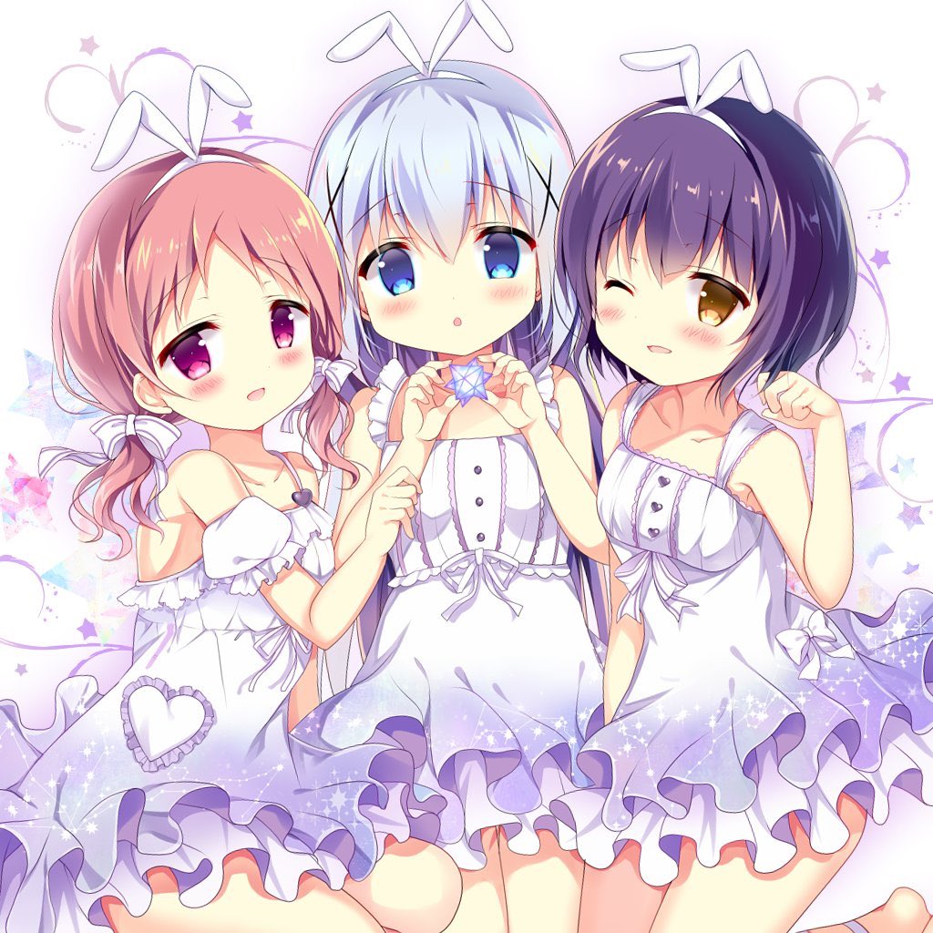 3girls :d animal_ears azumi_kazuki bare_arms bare_shoulders blue_eyes blue_hair blush bow breasts brown_eyes brown_hair bunny_ears chimame-tai collarbone commentary_request constellation_print detached_sleeves dress fake_animal_ears frills girl_sandwich gochuumon_wa_usagi_desu_ka? hair_bow hair_ornament hairband hand_up hands_up heart jouga_maya kafuu_chino long_hair low_twintails multiple_girls natsu_megumi open_mouth parted_lips pleated_dress puffy_short_sleeves puffy_sleeves purple_hair ribbon sandwiched short_sleeves sleeveless sleeveless_dress small_breasts smile star striped striped_bow twintails unmoving_pattern very_long_hair white_bow white_dress white_hairband white_ribbon white_sleeves x_hair_ornament
