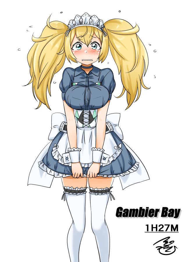 apron back_bow blonde_hair blue_eyes blue_shirt blue_skirt blush bow breasts character_name collared_shirt commentary_request embarrassed frilled_skirt frills gambier_bay_(kantai_collection) kantai_collection large_breasts maid maid_apron maid_headdress shirt signature skirt sweatdrop thighhighs tsukino_murakumo twintails white_background white_bow white_legwear