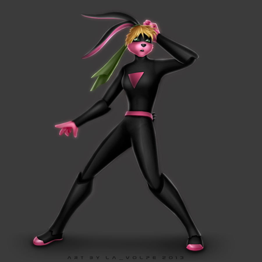 1:1 2013 anthro black_nose bodysuit clothing female fur green_eyes grey_background la_volpe lagomorph leporid lexi_bunny loonatics_unleashed looney_tunes mammal open_mouth pink_body pink_fur rabbit simple_background skinsuit solo superhero superpowers tight_clothing warner_brothers