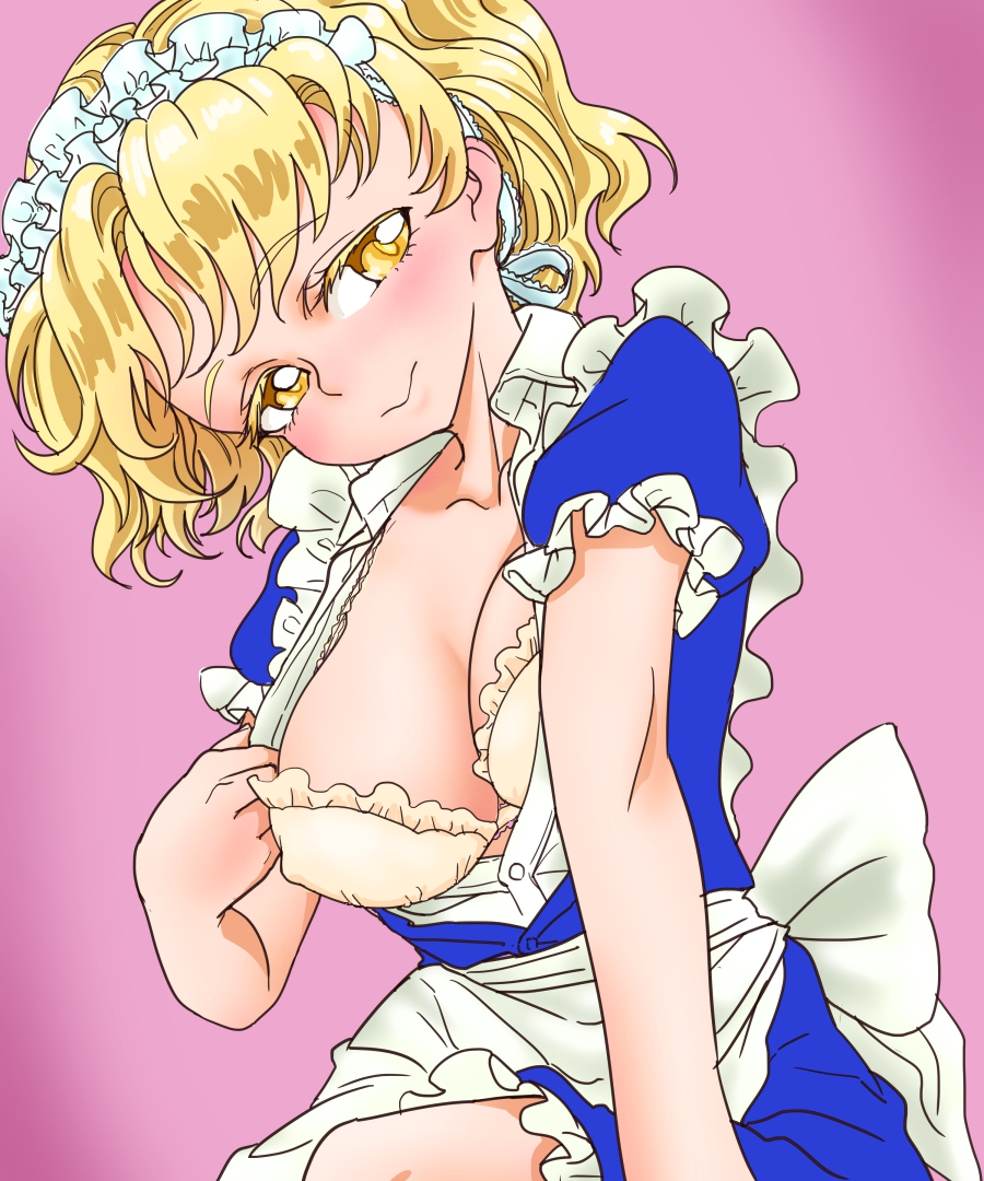 1girl apron blonde_hair bra breasts cleavage closed_mouth colored_eyelashes covered_nipples eyebrows_visible_through_hair large_breasts looking_at_viewer maid_apron maid_headdress mugetsu open_clothes pink_background puffy_short_sleeves puffy_sleeves s-a-murai short_hair short_sleeves smile solo touhou touhou_(pc-98) underwear waist_apron white_apron white_bra yellow_eyes