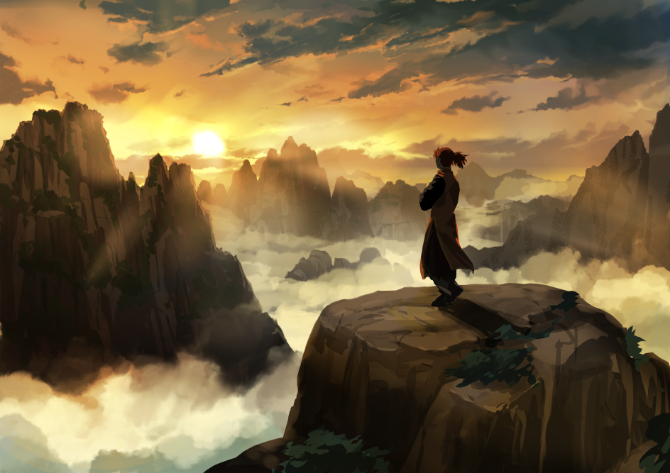 1boy above_clouds back changpao chinese_clothes cloud facing_away fate/grand_order fate_(series) fog from_behind full_body kusarebon li_shuwen_(fate/grand_order) long_hair long_sleeves mountain mountainous_horizon outdoors ponytail red_hair shadow sky solo spiked_hair standing sun sunlight sunset wide_shot