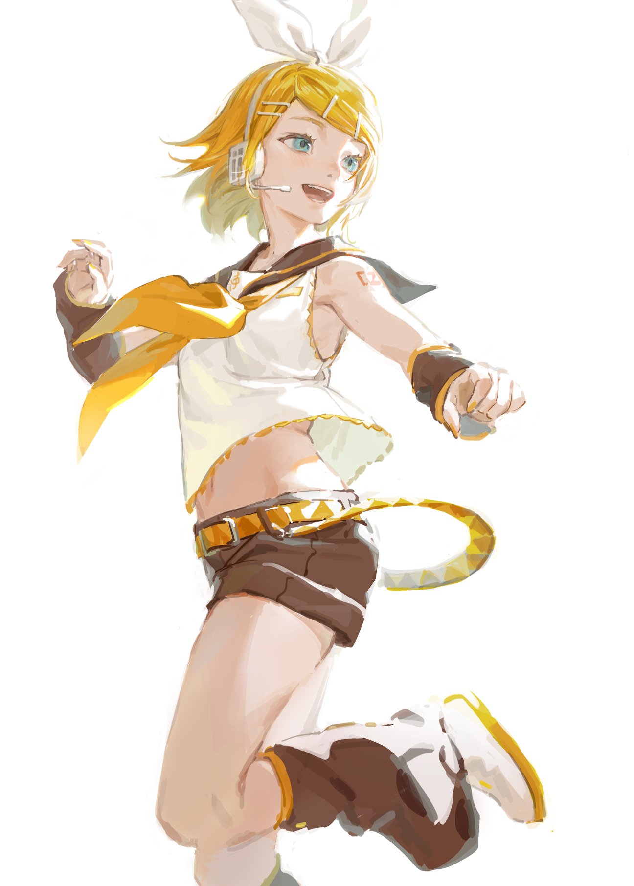 1girl bangs bare_shoulders black_collar black_shorts black_sleeves blonde_hair blue_eyes bow collar commentary crop_top detached_sleeves feet_out_of_frame from_side hair_bow hair_ornament hairclip hands_up headphones headset highres kagamine_rin leg_up leg_warmers looking_back midriff nail_polish navel neckerchief open_mouth outstretched_arm sailor_collar shirt shoes short_hair short_shorts shorts shoulder_tattoo sleeveless sleeveless_shirt smile solo swept_bangs symbol_commentary tattoo treble_clef tunapon01 vocaloid white_background white_bow white_footwear white_shirt yellow_nails yellow_neckwear