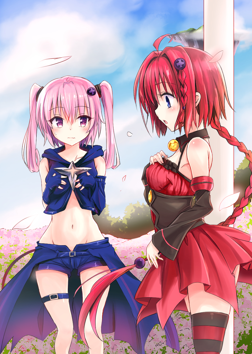 2girls ahoge belt black_gloves black_shirt black_shorts black_sleeves braid breasts cloud cosplay costume_switch crop_top detached_collar detached_sleeves dress fingerless_gloves flower gloves groin hair_ornament hairclip hand_on_own_chest highres kurosaki_mea long_hair midriff multiple_girls nana_asta_deviluke navel open_mouth outdoors pink_eyes pink_hair ponytail red_dress red_hair shirt short_dress short_shorts shorts sky sleeveless sleeveless_shirt small_breasts striped striped_legwear tail thigh_strap thighhighs thighs to_love-ru to_love-ru_darkness twintails very_long_hair waist_cape yggdra0714 zettai_ryouiki