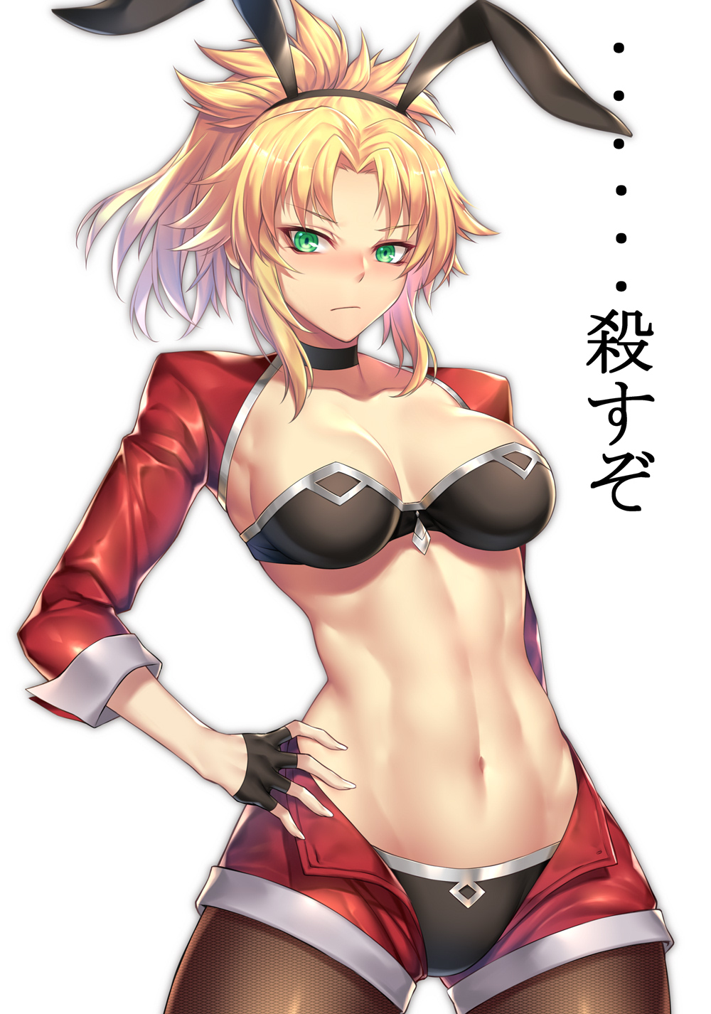 1girl animal_ears bangs black_gloves black_legwear blonde_hair blush braid breasts bunny_ears choker cleavage closed_mouth collarbone commentary_request cropped_jacket eyebrows_visible_through_hair fake_animal_ears fate/apocrypha fate/grand_order fate_(series) fingernails gloves green_eyes hair_ornament hand_on_hip highres jacket long_hair looking_at_viewer medium_breasts midriff mordred_(fate) mordred_(fate)_(all) nasaniliu navel pantyhose parted_bangs red_jacket red_shorts shiny shiny_clothes shiny_hair shorts shrug_(clothing) sidelocks simple_background solo stomach sweater tied_hair unbuttoned white_background
