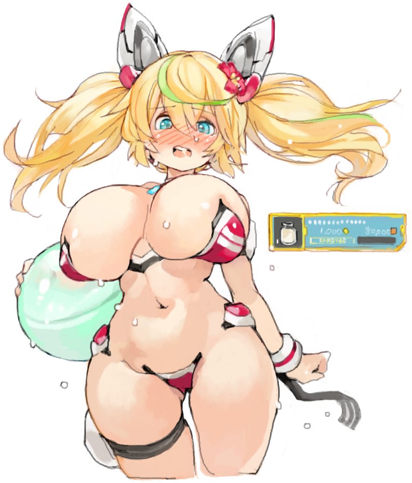 1girl areola_slip areolae ball beachball blonde_hair blush breasts cowboy_shot curvy eyebrows_visible_through_hair gene_(pso2) green_hair huge_breasts midriff multicolored_hair navel phantasy_star phantasy_star_online_2 sachito simple_background solo stomach twintails two-tone_hair white_background wide_hips