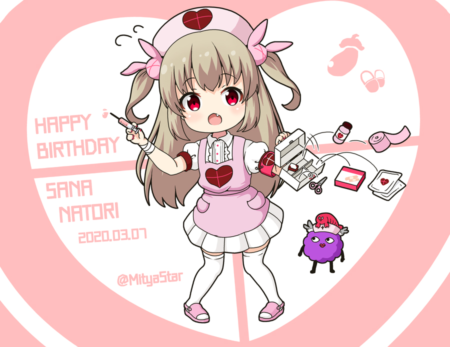 &gt;_&lt; 1girl apron armband bandaged_arm bandages bangs blush bottle brown_hair bunny_hair_ornament character_name chibi commentary_request dated eggplant eyebrows_visible_through_hair fang full_body hair_ornament happy_birthday hat heart holding holding_syringe long_hair looking_at_viewer miicha nail_polish natori_sana nurse_cap open_mouth pill pink_apron pink_footwear pink_headwear pleated_skirt puffy_short_sleeves puffy_sleeves red_eyes red_nails saana-kun sana_channel scissors shirt short_sleeves skirt slippers standing syringe thighhighs twitter_username two_side_up very_long_hair virtual_youtuber white_legwear white_shirt white_skirt