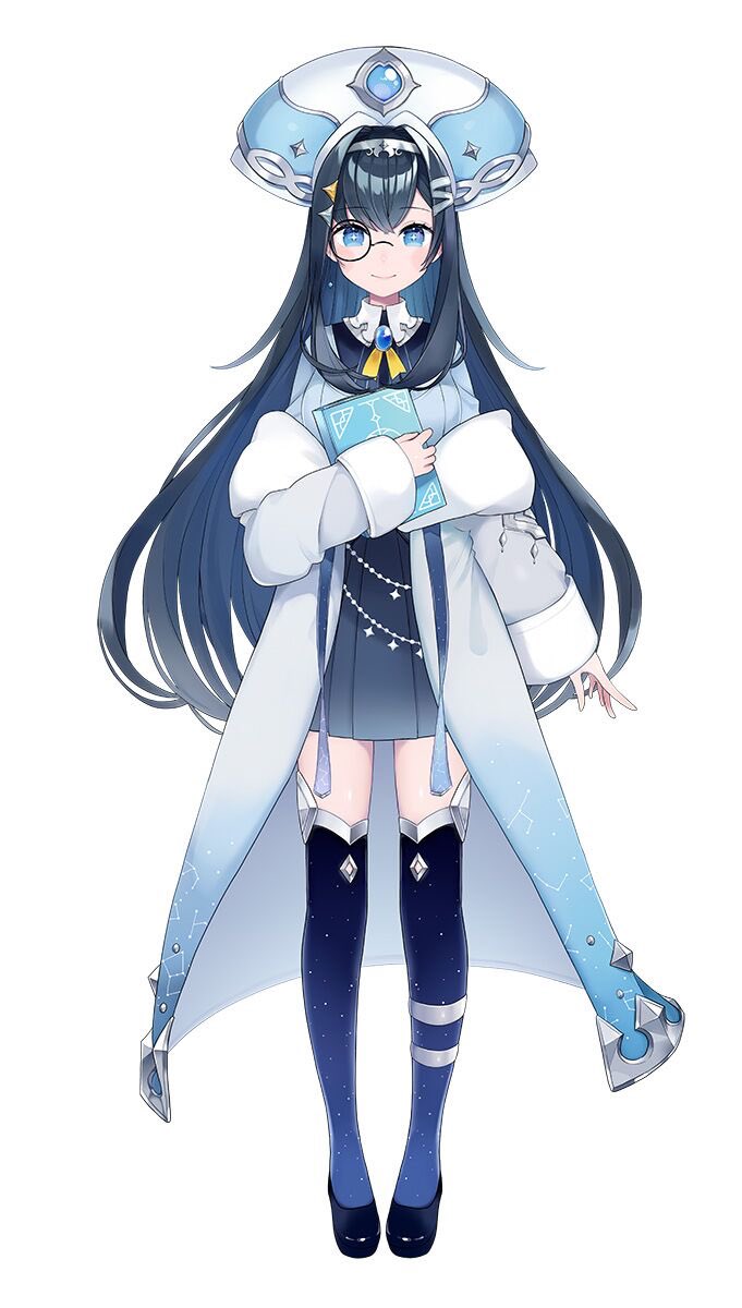 1girl black_hair blue_eyes blue_legwear book brooch chon_(chon33v) coat commentary_request constellation_print hair_intakes hat headband highres hololive jewelry long_hair long_sleeves monocle official_art rosalyn_(hololive) solo thighhighs very_long_hair virtual_youtuber