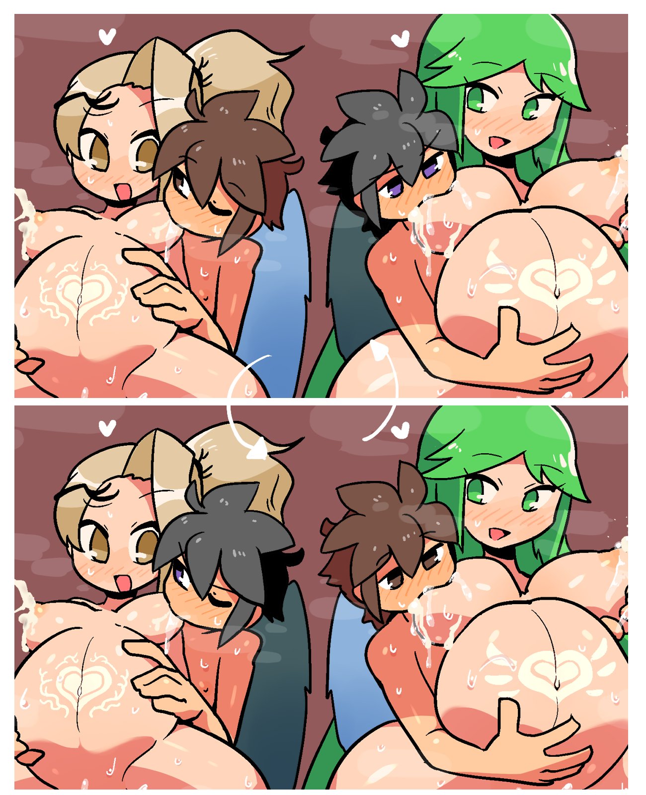 2boys 2girls black_hair blonde_hair breasts brown_eyes brown_hair dark_pit green_eyes green_hair heart heart_tattoo highres kid_icarus kid_icarus_uprising lactation long_hair multiple_boys multiple_girls nachure navel nipples nude palutena pit_(kid_icarus) pregnant rariatto_(ganguri) sex spread_legs stomach sweat tattoo very_long_hair