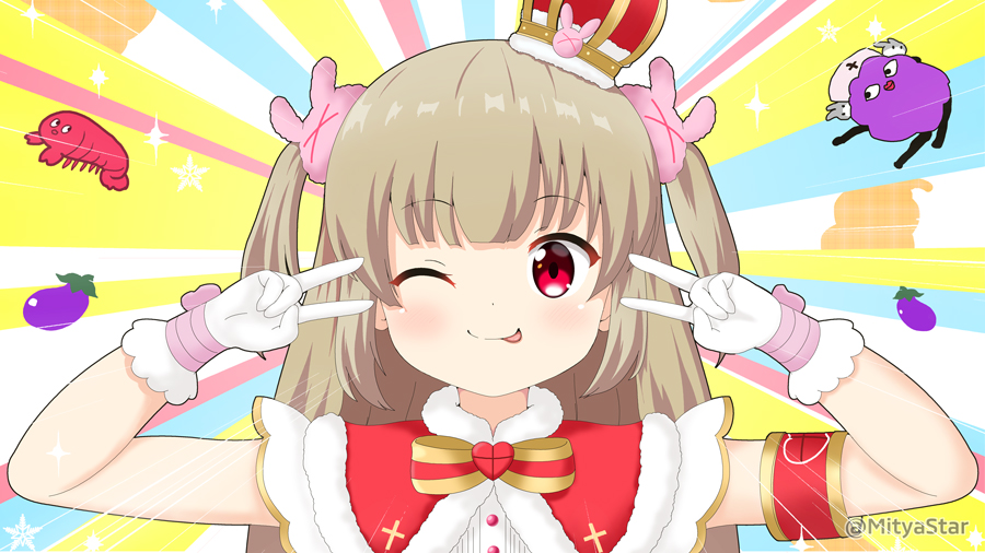 &gt;_&lt; 1girl ;q armband brown_hair bunny_hair_ornament capelet closed_mouth commentary_request crown double_v eggplant fur-trimmed_capelet fur-trimmed_headwear fur_trim gloves hair_ornament hands_up long_hair miicha mini_crown natori_sana one_eye_closed red_capelet red_eyes saana-kun sana_channel shirt shrimp smile sparkle tilted_headwear tongue tongue_out twitter_username two_side_up upper_body v v_over_eye virtual_youtuber white_gloves white_shirt