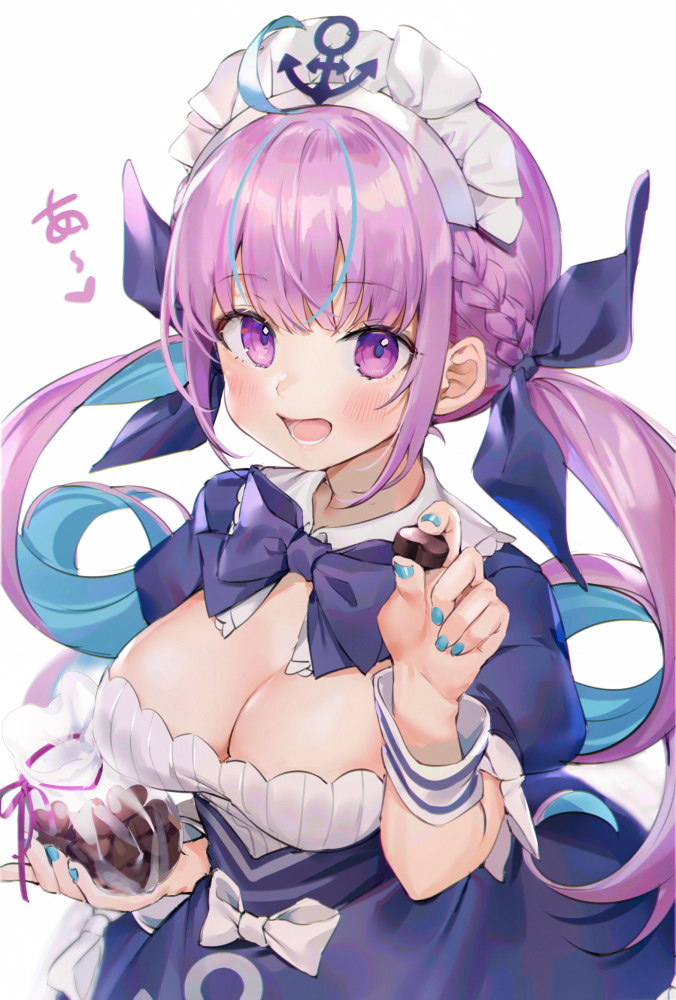 1girl :d ahoge anchor_symbol blue_nails blush braid breasts chocolate cleavage dress fingernails hololive large_breasts looking_at_viewer maid_headdress mamemena minato_aqua multicolored_hair offering open_mouth purple_dress purple_eyes purple_hair ribbon simple_background smile solo streaked_hair two-tone_hair upper_body virtual_youtuber white_background