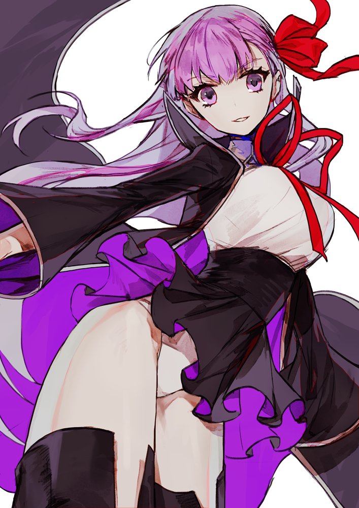 1girl bb_(fate)_(all) bb_(fate/extra_ccc) black_legwear black_skirt eyebrows_visible_through_hair fate/extra fate/extra_ccc fate_(series) hair_ribbon head_tilt leotard long_hair long_sleeves looking_at_viewer miniskirt mo_(mocopo) neck_ribbon parted_lips purple_eyes purple_hair red_neckwear red_ribbon ribbon simple_background skirt smile solo thighhighs white_background white_leotard wide_sleeves