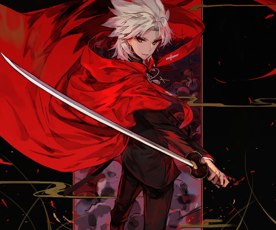 1boy amakusa_shirou_(fate) black_jacket black_pants brown_eyes cape closed_mouth fate/apocrypha fate_(series) holding holding_sword holding_weapon jacket katana long_sleeves looking_at_viewer male_focus mo_(mocopo) pants red_cape reverse_grip smile solo standing sword weapon white_hair