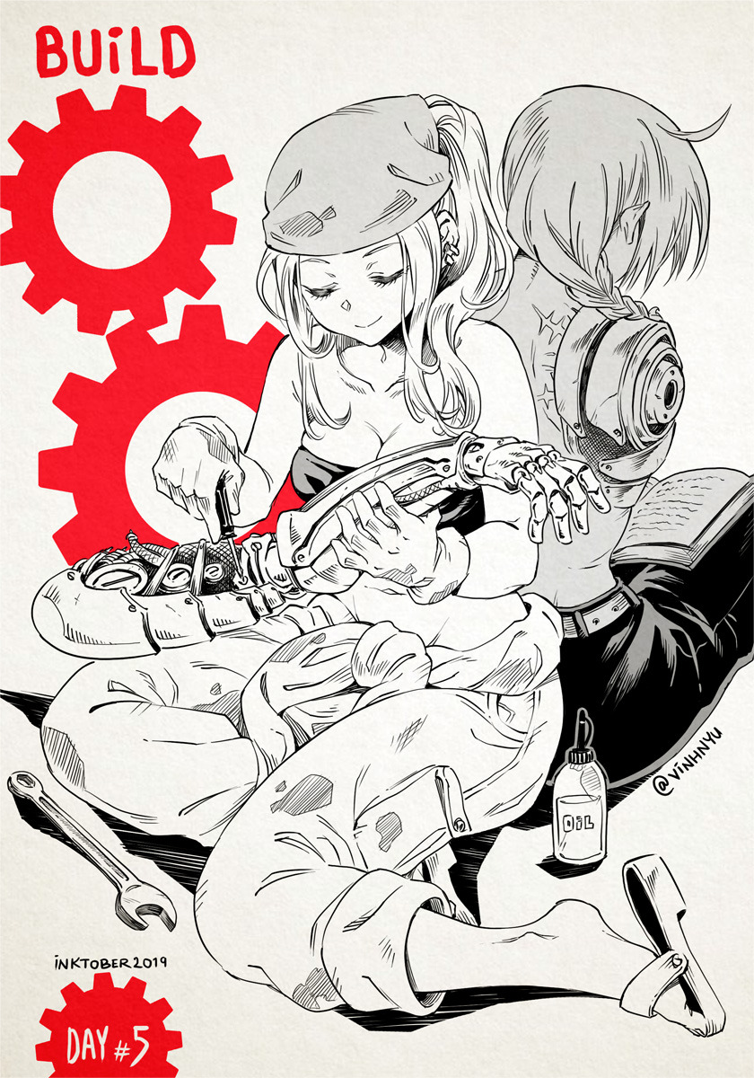 1boy 1girl amputee automail back-to-back bare_shoulders belt black_pants book braid braided_ponytail closed_eyes ear_piercing earrings edward_elric english_text full_body fullmetal_alchemist gears gloves head_scarf highres inktober jewelry long_hair mechanic navel open_book pants piercing sandals screwdriver shirtless smile strapless tubetop twitter_username vinhnyu winry_rockbell wrench
