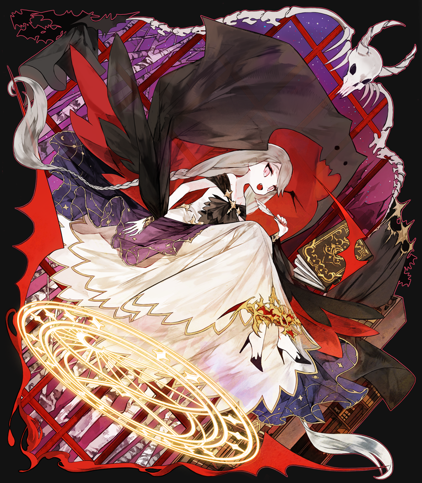 1girl :d absurdly_long_hair animal_skull black_background book braid dress dutch_angle feathers floating grey_hair high_heels holding long_hair looking_at_viewer magic_circle merc_storia mo_(mocopo) open_mouth original pink_eyes smile solo twin_braids very_long_hair white_dress