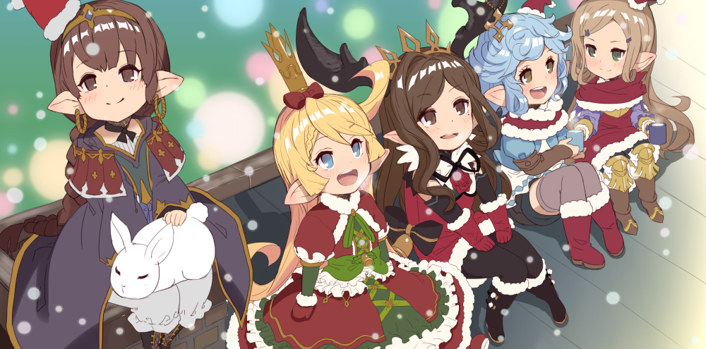 5girls :d animal antlers arulumaya bangs black_footwear black_legwear blonde_hair blue_dress blue_eyes blue_hair blush boots braid breath brown_eyes brown_footwear brown_hair bunny character_request charlotta_fenia circlet closed_eyes closed_mouth commentary_request cup curly_hair dress earrings eyebrows_visible_through_hair frilled_skirt frills fur-trimmed_boots fur-trimmed_dress fur-trimmed_headwear fur-trimmed_mittens fur-trimmed_skirt fur_trim granblue_fantasy grey_legwear haaselia hair_ornament hairclip harvin hat holding holding_cup hoop_earrings jewelry knee_boots long_hair long_sleeves milleore mini_hat mittens mug multiple_girls o_(rakkasei) open_mouth pants pantyhose pointy_ears puffy_short_sleeves puffy_sleeves red_dress red_footwear red_headwear red_mittens red_skirt sahli_lao santa_costume santa_hat short_over_long_sleeves short_sleeves skirt smile snowing thighhighs thighhighs_under_boots tiara tilted_headwear very_long_hair white_pants