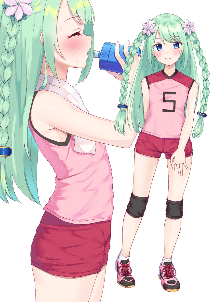 1girl bangs bare_arms bare_shoulders blue_eyes blush bottle braid closed_eyes closed_mouth eyebrows_visible_through_hair flat_chest flower green_hair hair_flower hair_ornament hands_up highres holding holding_bottle k_mugura knee_pads long_hair misumi_chika multiple_views pink_flower pink_footwear pink_shirt princess_connect! princess_connect!_re:dive profile red_shorts shirt shoes short_shorts shorts simple_background sleeveless sleeveless_shirt smile socks standing towel towel_around_neck twin_braids very_long_hair water_bottle white_background white_legwear
