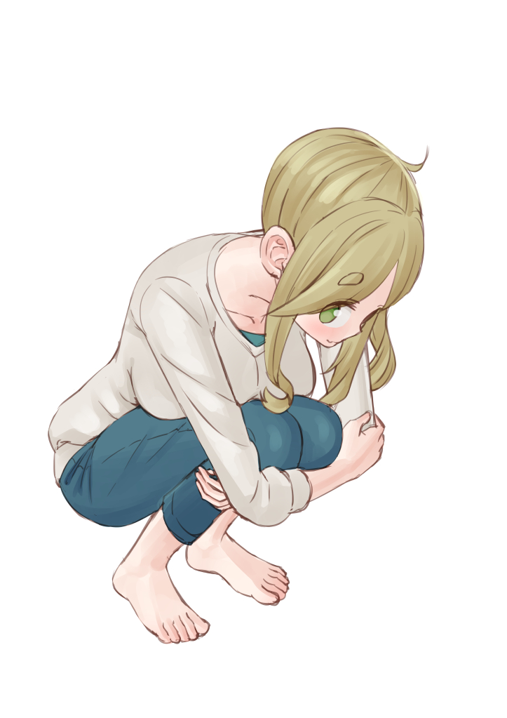 1girl barefoot blonde_hair breasts commentary_request easy_(aqk7bdqt) eyebrows_visible_through_hair fang full_body green_eyes inuyama_aoi large_breasts leg_hug long_hair long_sleeves looking_at_viewer looking_up pants simple_background skin_fang solo squatting thick_eyebrows white_background yurucamp