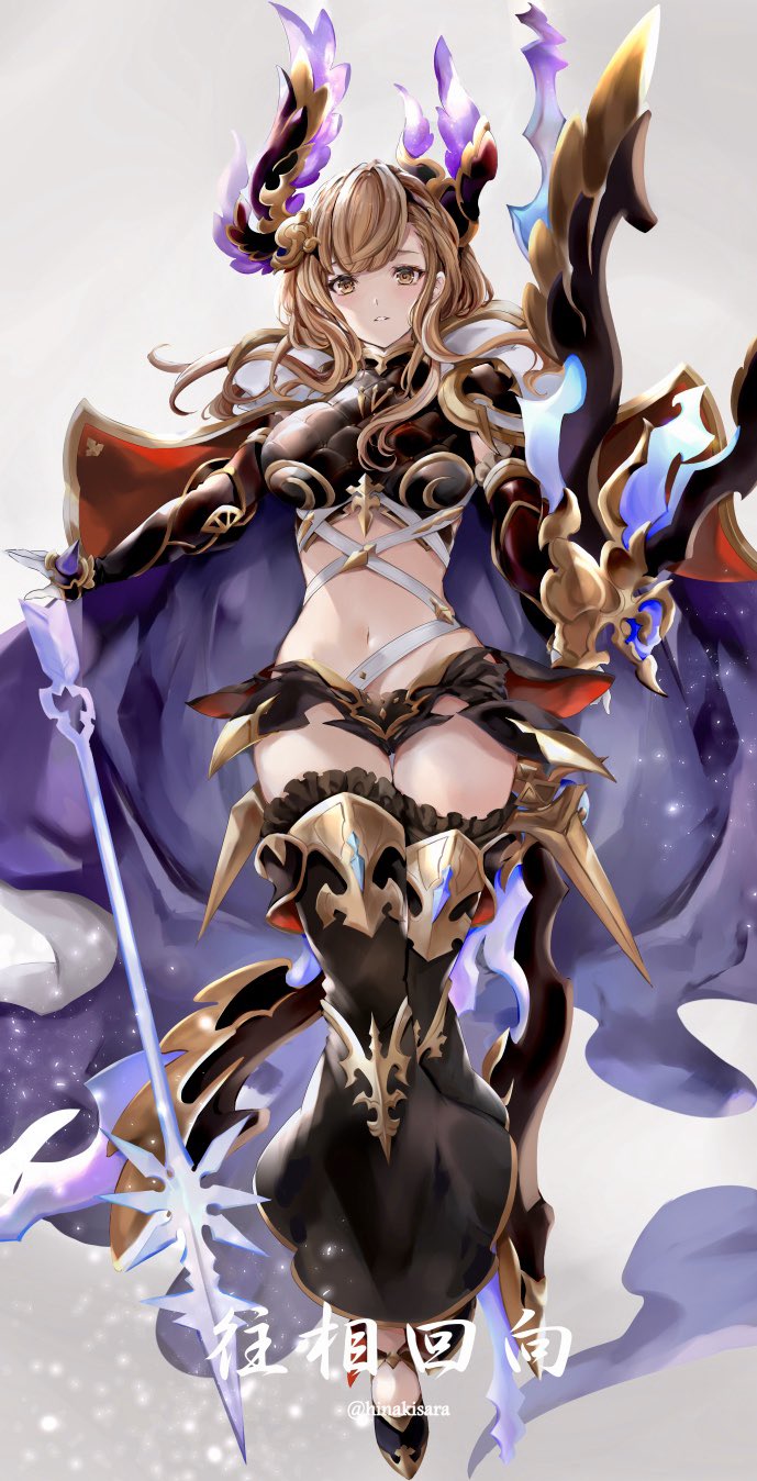 1girl arrow belt bow_(weapon) breasts brown_eyes brown_hair cloak colorized detached_pants granblue_fantasy highres hinahino large_breasts long_hair looking_at_viewer midriff navel parted_lips shorts simple_background solo song_(granblue_fantasy) twitter_username weapon