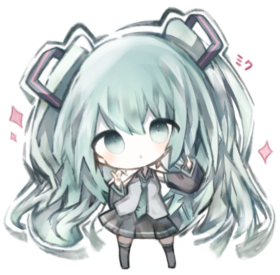 1girl bangs bare_shoulders black_legwear black_skirt black_sleeves blush chibi collared_shirt commentary_request cottontailtokki detached_sleeves full_body green_eyes green_hair green_neckwear grey_shirt hair_between_eyes hair_ornament hatsune_miku index_finger_raised long_sleeves necktie parted_lips pleated_skirt shirt simple_background skirt sleeveless sleeveless_shirt sleeves_past_wrists solo sparkle standing thighhighs tie_clip twintails vocaloid white_background