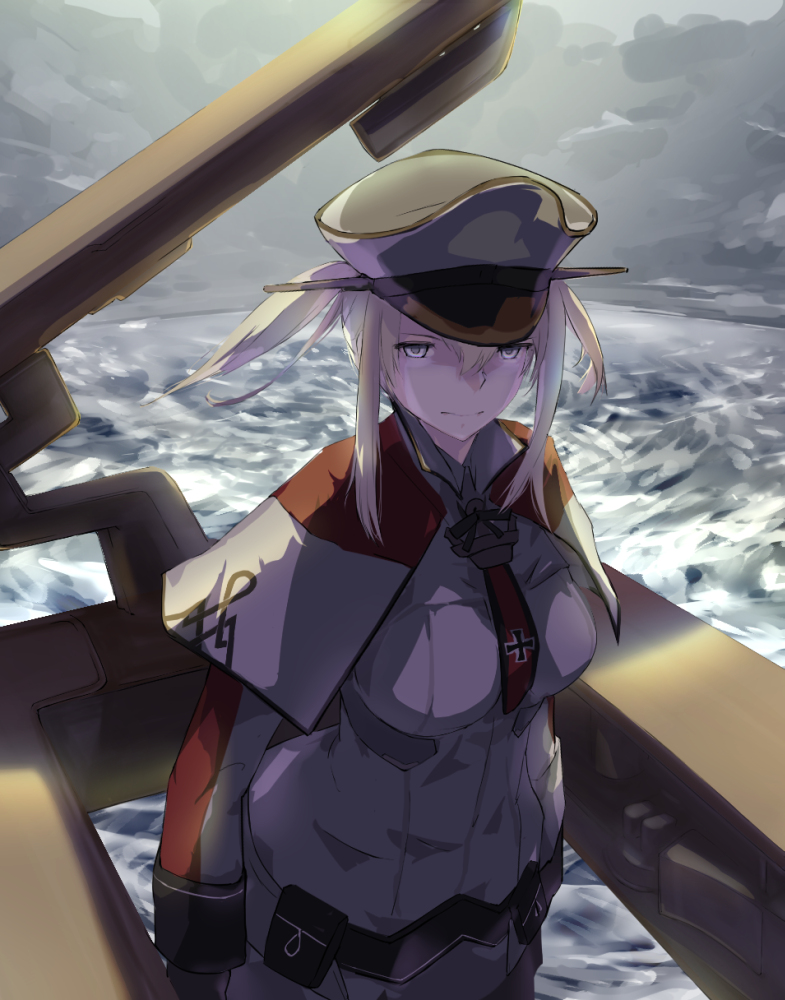 1girl blonde_hair breasts capelet celtic_knot cloud graf_zeppelin_(kantai_collection) grey_eyes grey_sky hair_between_eyes hat iron_cross jacket kantai_collection large_breasts machinery military military_hat military_uniform necktie ocean peaked_cap sidelocks solo tsurime twintails uniform upper_body waves yamaioni_(sasakama)