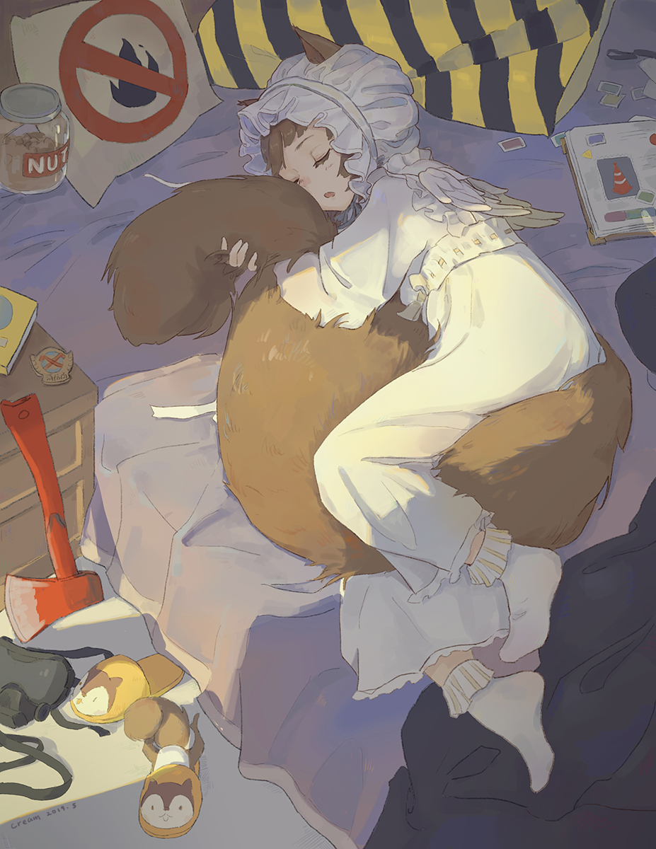 1girl animal_ears arknights badge bed bed_sheet between_legs bobby_socks bonnet book brown_hair chinese_commentary closed_eyes commentary_request dated fire_axe fluffy food full_body highres indoors jar long_sleeves lying nekohara_peninsula nightgown nightstand nut_(food) on_bed on_side open_mouth oxygen_mask pillow shaw_(arknights) signature sleeping slippers socks solo squirrel squirrel_ears squirrel_girl squirrel_tail tail tail_hug traffic_cone