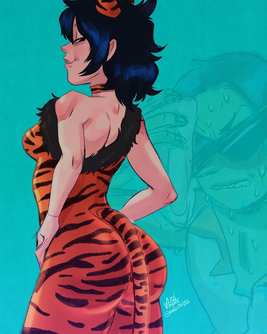 1boy 1girl ace_(powerpuff_girls) animal_ears ass bare_shoulders black_hair bodystocking breasts choker commentary english_commentary fake_animal_ears fake_tail from_behind gorillaz highres inset kamina_shades lips magnta medium_breasts meme noodle_(gorillaz) older powerpuff_girls short_hair single_strap sleeveless smirk solo_focus standing sunglasses sweat sweating_profusely tail thick_thighs thighs tiger_ears tiger_tail